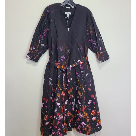 NWT Cos Floral Midi Dress Black Size S Belt Pockets